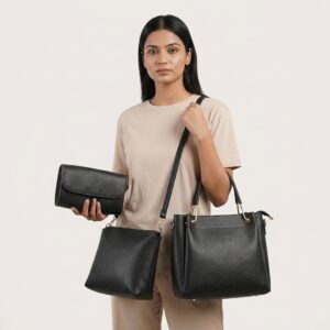 Exclusive 3-Pieces Original Italian Leather Ladies Bag Combo - Black