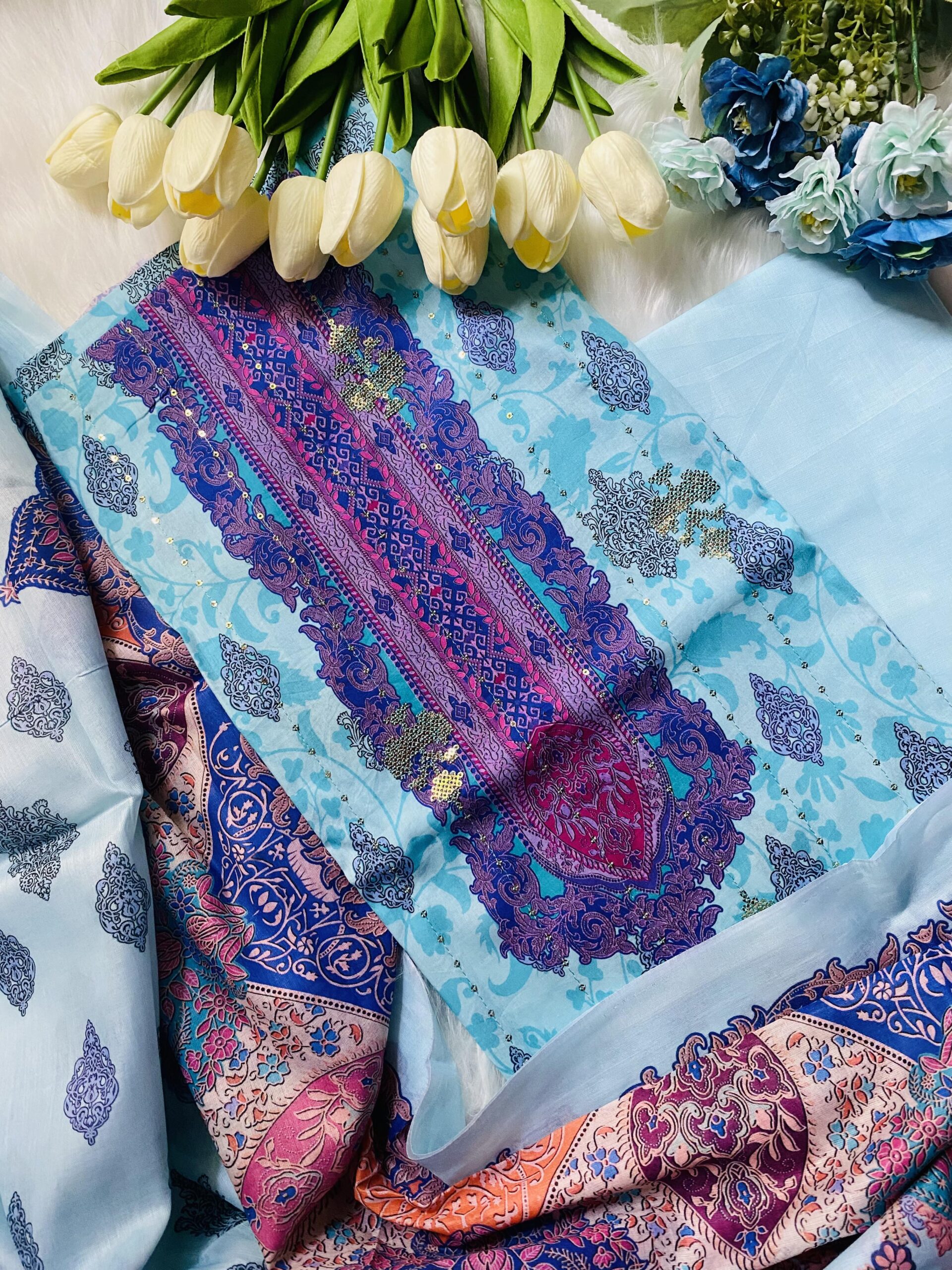 Embroidery & Sequence Premium Cotton 3 Pcs Set - Image 2